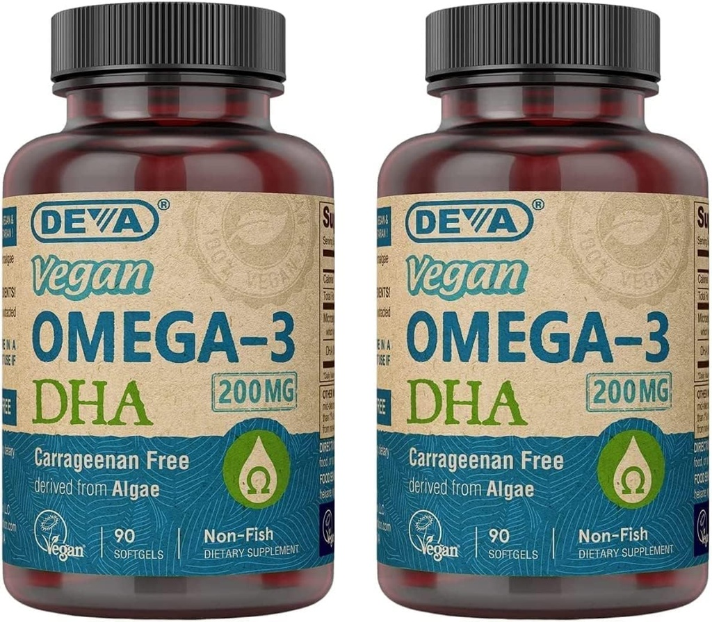 Supplément DEVA Oméga-3 Végétalien DHA - softgels une fois par jour 200 MG - Carrageenan Free - Sans gélatine - Sans poisson - Huile d'algue Oméga-3 Acides gras - 90 softgels (paquet de 2)