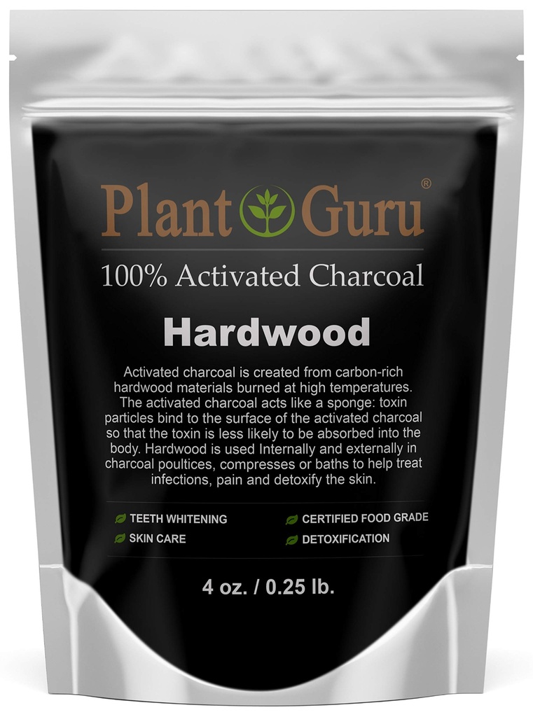 Poudre de charbon activé par Guru 4 oz. HARDWOOD - Nourriture Kosher Non-OGM - Blanchiment des dents, masque faciale et fabrication de savon. Promotion de la désintoxication naturelle et aide à la digestion