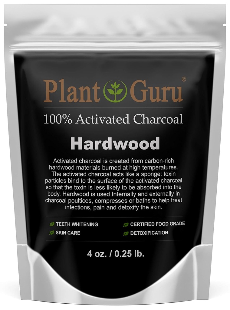 Poudre de charbon activé par Guru 4 oz. HARDWOOD - Nourriture Kosher Non-OGM - Blanchiment des dents, masque faciale et fabrication de savon. Promotion de la désintoxication naturelle et aide à la digestion