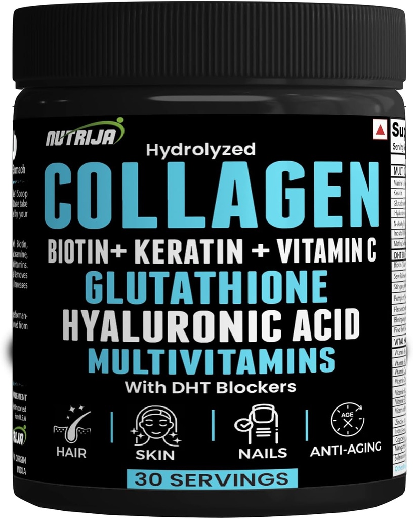 Poudre de collagène avec glutathion, acide hyaluronique, vitamine C, E, zinc avec bloquants DHT et multivitamines - 30 portions (sans saveur)