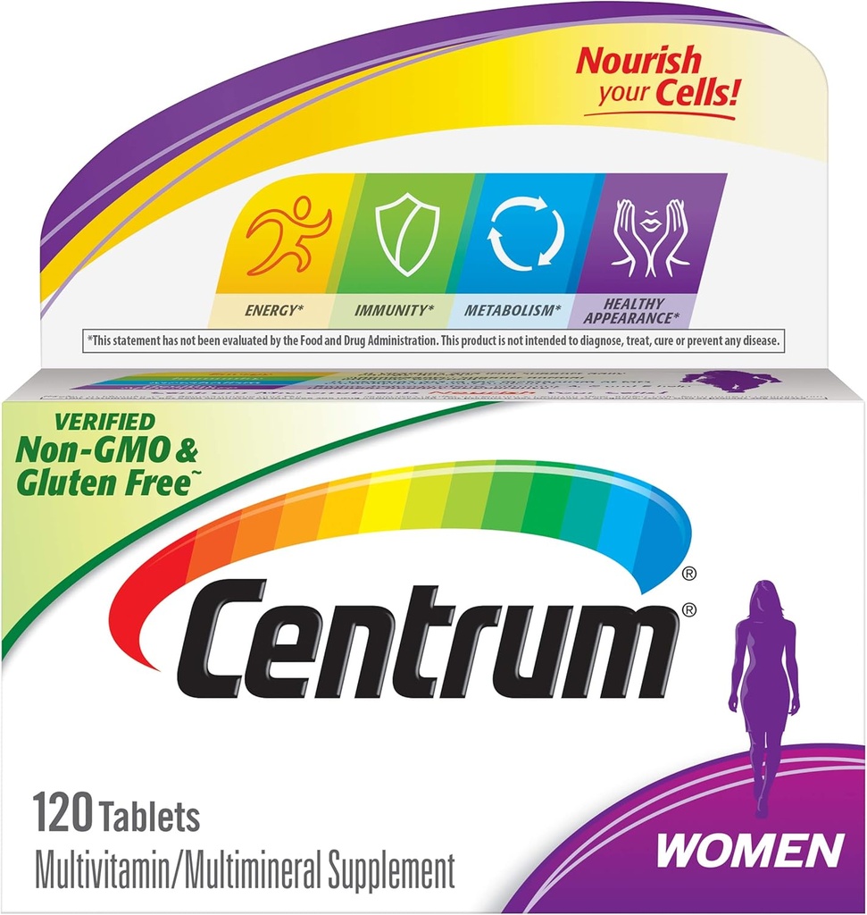 Comprimé multivitamine centrum pour femmes, supplément multivitamine/multiminéral avec fer, vitamine D3, vitamine B et vitamines antioxydantes C et E, sans gluten, ingrédients non OGM - 120 Compte