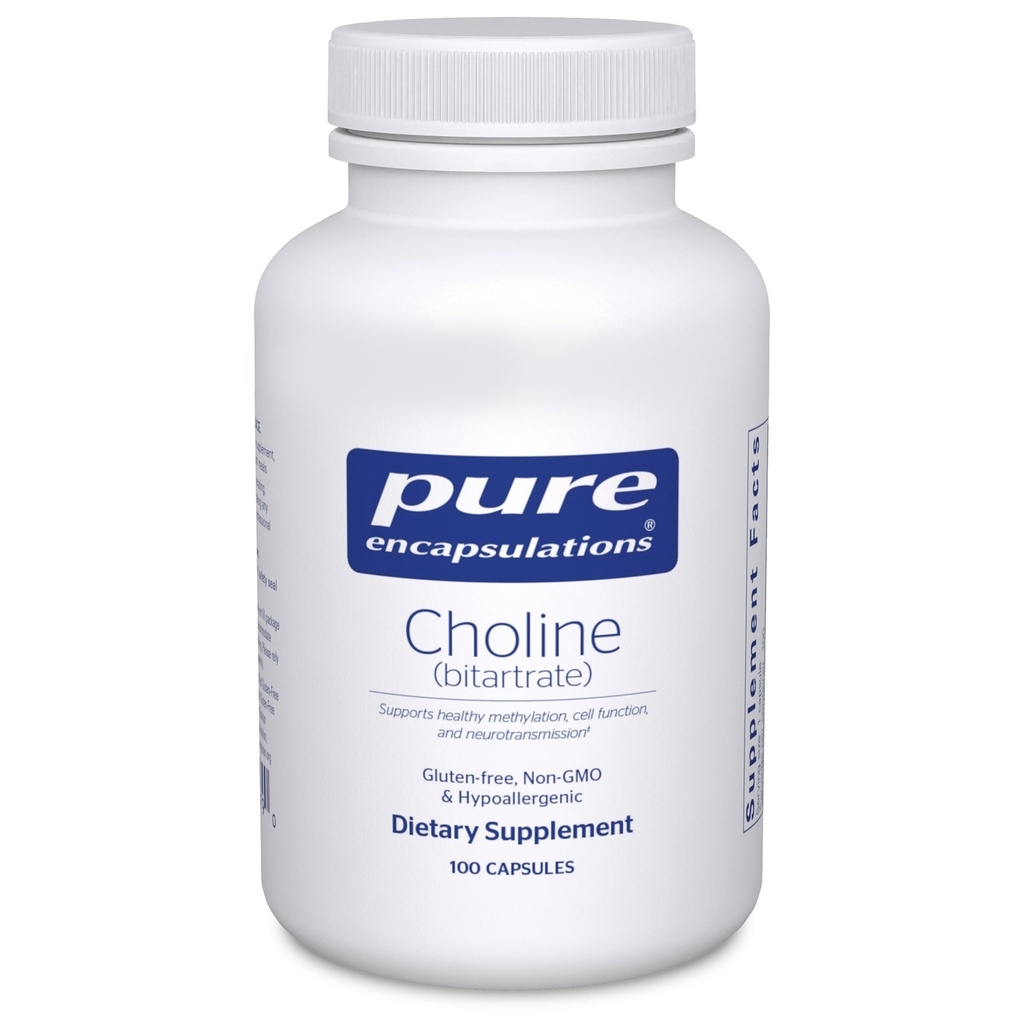 Encapsulations pures Choline (Bitartrate) - 275 mg Choline (Bitartrate) - Soutient la méthylation, la santé cérébrale et la fonction cellulaire* - Très biodisponible - Vegan & Non-OGM - 100 capsules