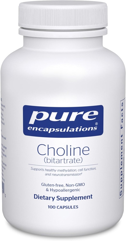 Encapsulations pures Choline (Bitartrate) - 275 mg Choline (Bitartrate) - Soutient la méthylation, la santé cérébrale et la fonction cellulaire* - Très biodisponible - Vegan & Non-OGM - 100 capsules
