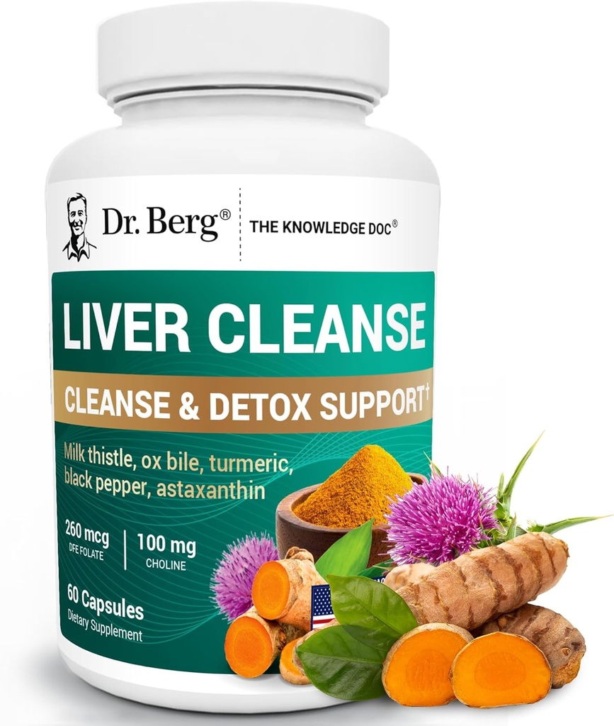 Dr Berg Foie Nettoyer Capsules de détox avec/Unique Mélange de chardon de lait, de bile d'oxygène et de folate - Supplément du foie comprend Turcuma, poivre noir et choline - 60 Capsules