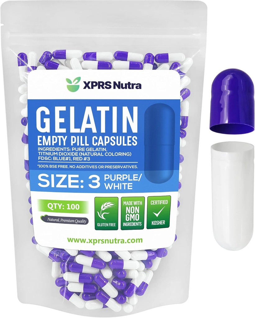 XPRS Nutra Taille 3 Capsules vides - 100 Compte Capsules de gélatine vides - Pills Bricolage Capsule Remplissage - Pure Pilule Gel Caps pour Do-It-Youlf Suppléments (Purple/White)