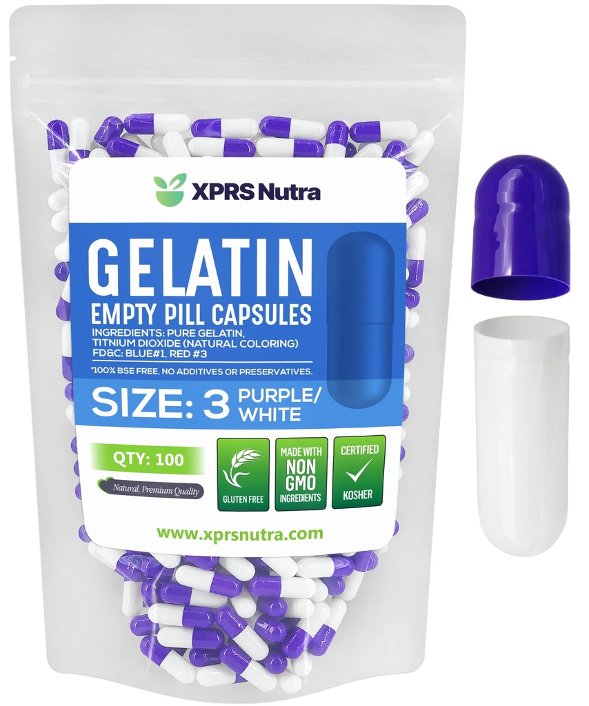 XPRS Nutra Taille 3 Capsules vides - 100 Compte Capsules de gélatine vides - Pills Bricolage Capsule Remplissage - Pure Pilule Gel Caps pour Do-It-Youlf Suppléments (Purple/White)