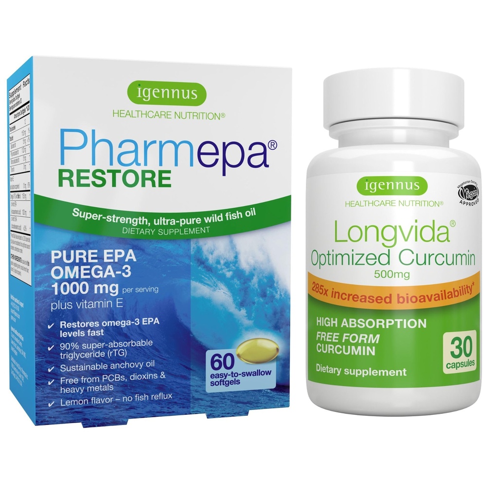 Pharmepa Restore & Longvida Lipidated Curcumin 500mg Bundle, 1000mg Pure EPA Omega-3 Huile de poisson et Ultra Biodisponible Curcumine, par Igennus