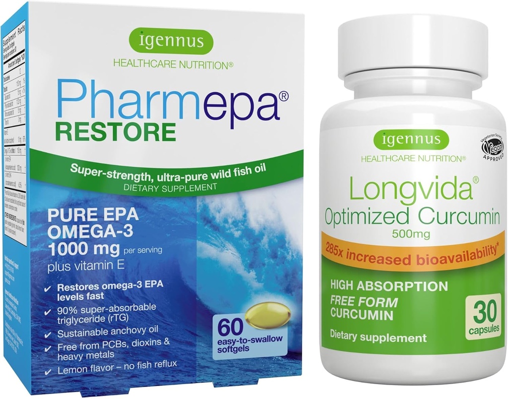 Pharmepa Restore & Longvida Lipidated Curcumin 500mg Bundle, 1000mg Pure EPA Omega-3 Huile de poisson et Ultra Biodisponible Curcumine, par Igennus