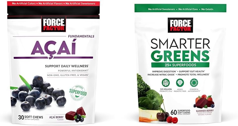 Facteur de force Acai Soft Chews Immune Support et plus intelligent Greens Superfood Chews Digestion Support Bundle, 30 et 60 Compte