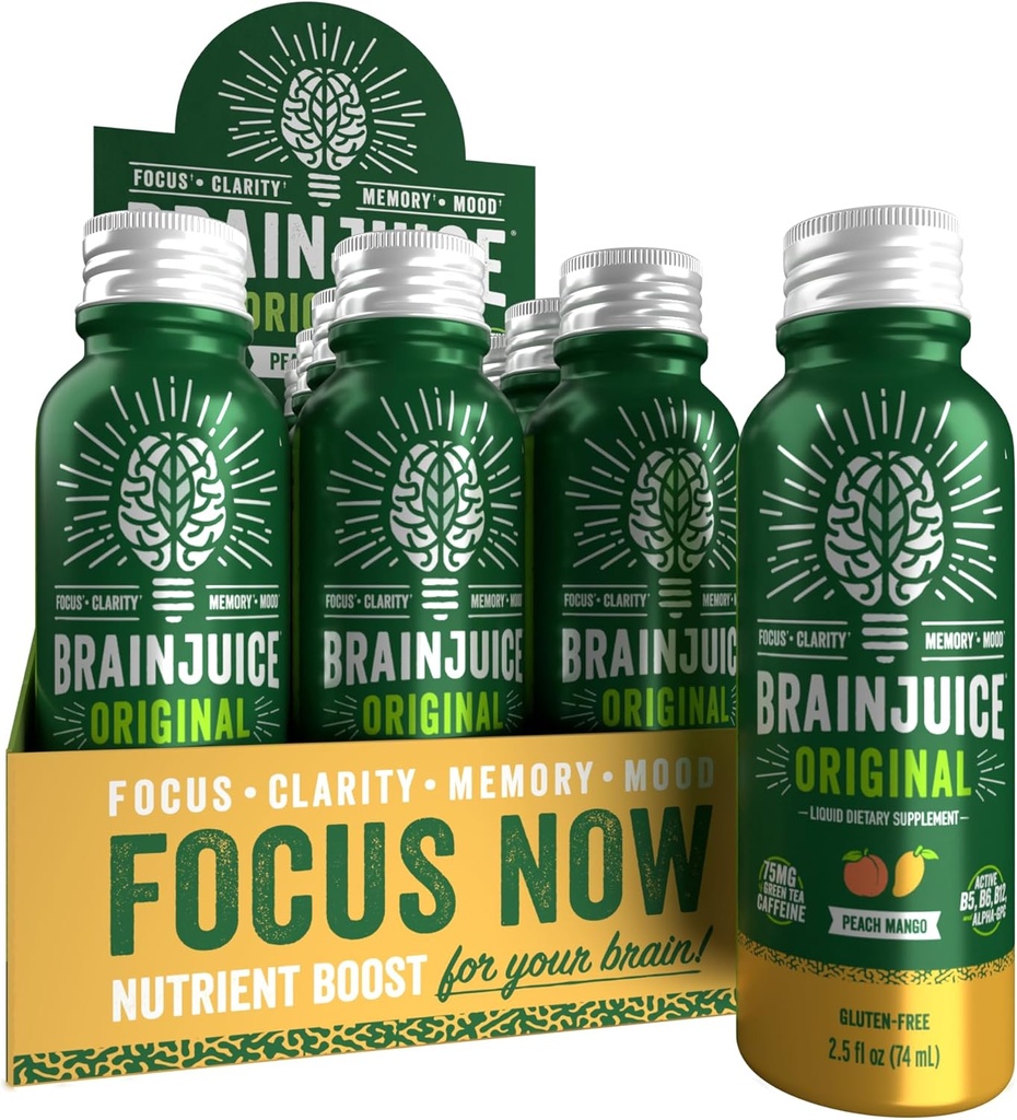 BrainJuice Brain Support du cerveau Shot, Gluten sans supplément shots pour l'énergie et la focus, boissons saines avec Alpha GPC, vitamine B et extrait de thé vert biologique caféine, pêche mangue, 2,5 fl oz, 12 Pack