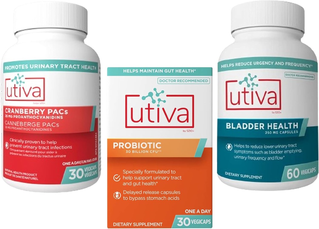 Supplément de 15% Utiva Cranberry PACs pour la santé urinaire 30 Vegi Capsule + Utiva Probiotique pour la santé des intestins et des urines 30 libération différée Vegi Capsule + Utiva Bladder Health 60 Capsule