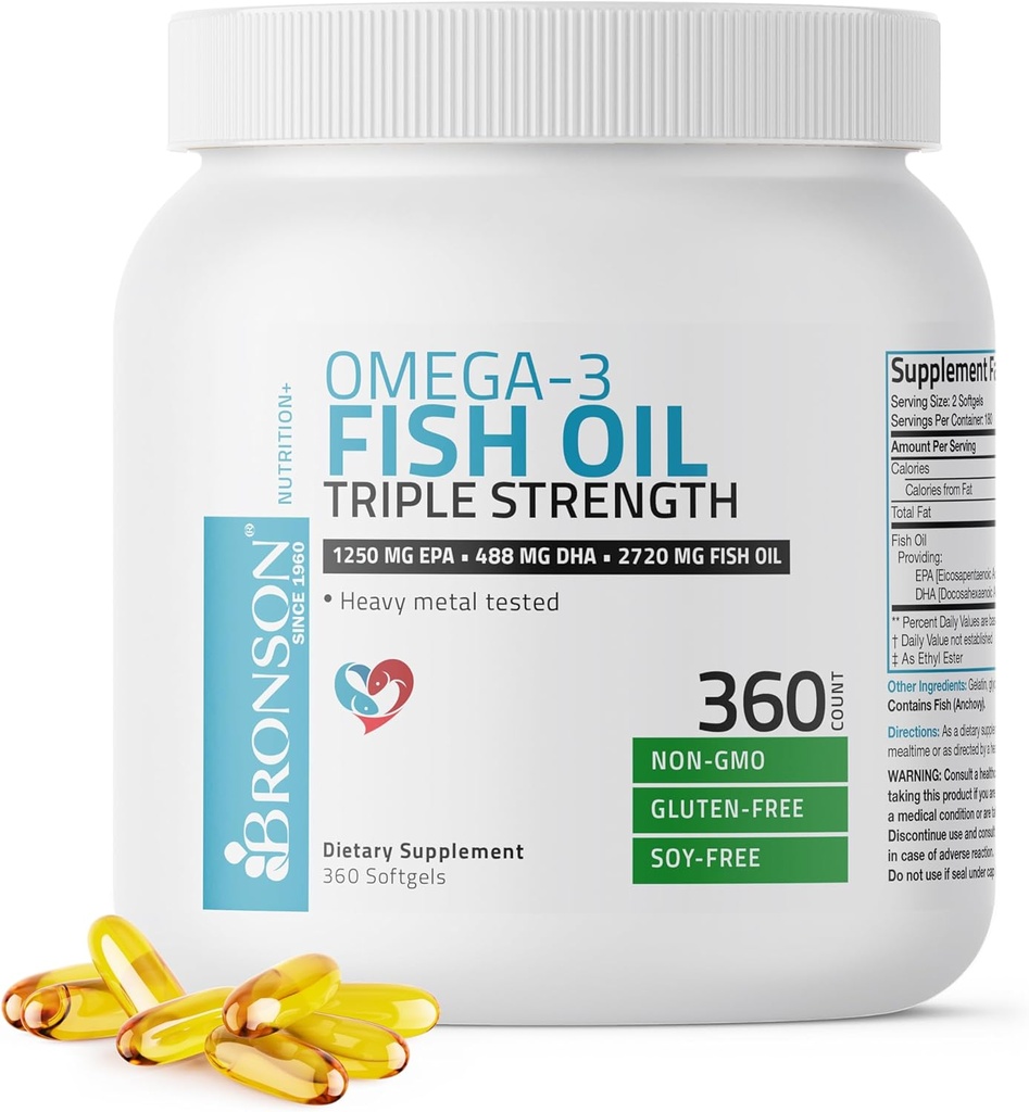 Bronson Omega 3 Fish Oil Triple Strength 2720 mg, High EPA 1250 mg DHA 488 mg, Non-GMO Heavy Metal Tested, 360 Softgels