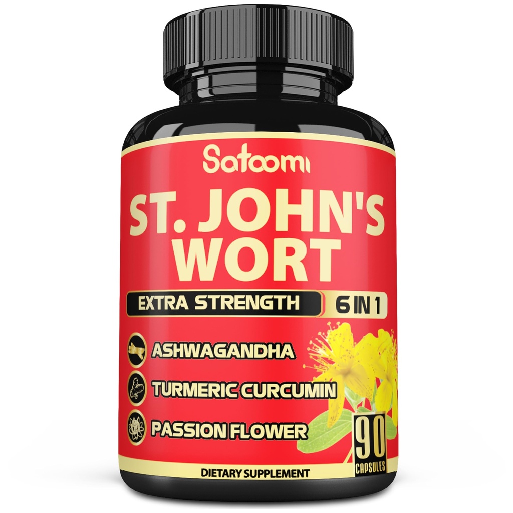 Satoomi St. John's Wort Capsules Extract Supplement - 6 Herbes Équivalent 5050 mg - Équilibre émotionnel, humeur joyeuse et soutien de l'humeur - 1 Pack 90 Veggie Caps 3-Mois Approvisionnement