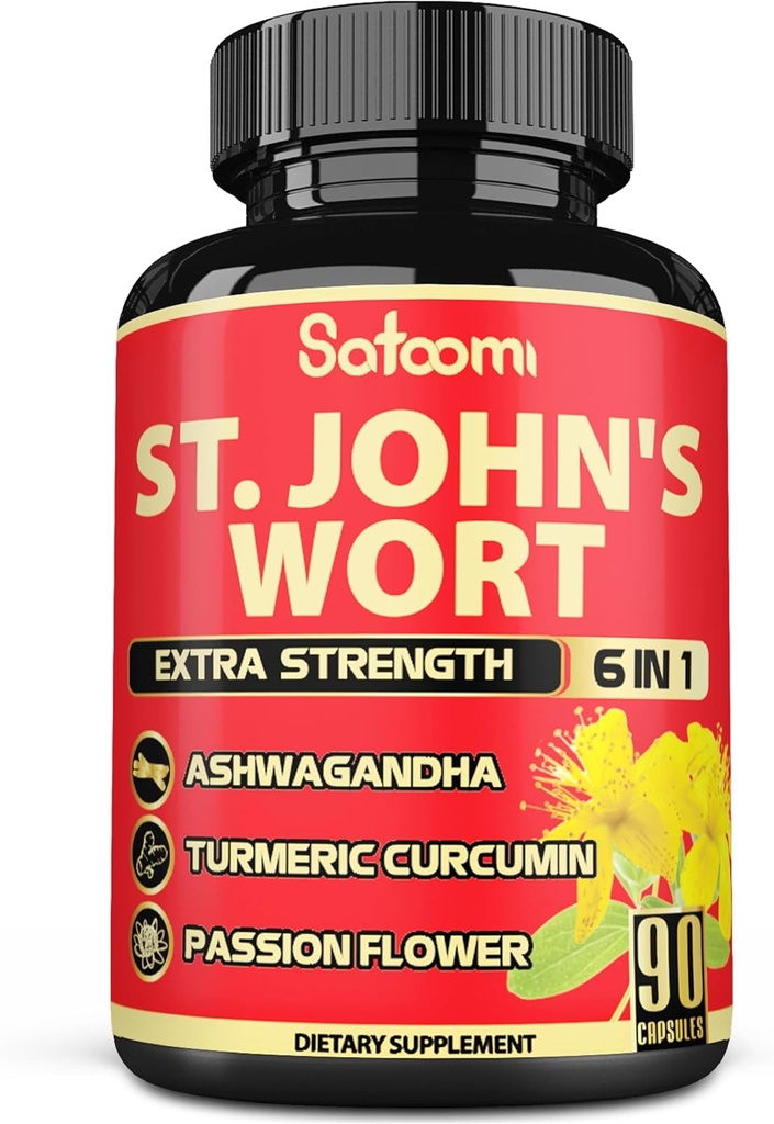 Satoomi St. John's Wort Capsules Extract Supplement - 6 Herbes Équivalent 5050 mg - Équilibre émotionnel, humeur joyeuse et soutien de l'humeur - 1 Pack 90 Veggie Caps 3-Mois Approvisionnement