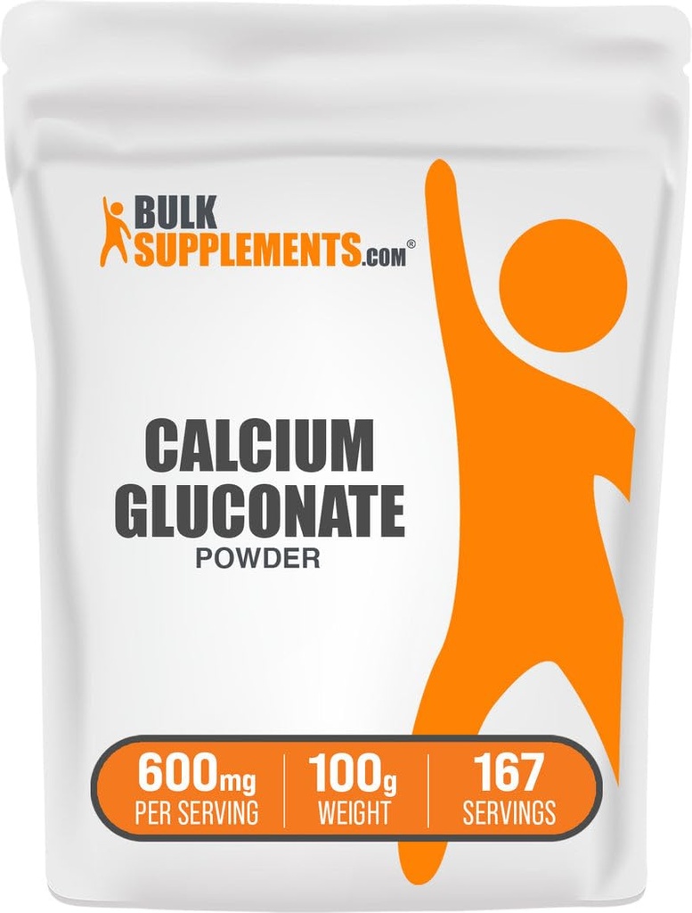 BulkSupplements.com Poudre de gluconate de calcium - Supplément de calcium, facilement absorbé - Sans aromatisé et sans gluten, 600mg par portion, 100g (3.5 oz) (paquet de 1)