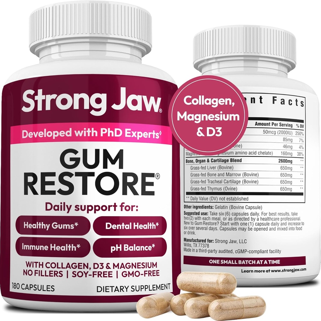 Gum Restore - Gum Care + Vitamines de dents - Gum Health & Oral Health - Supports Receding Gums & Gum Care - Vitamines dentaires pour adultes – 180 Capsules, Suppléments santé sans OGM Gum
