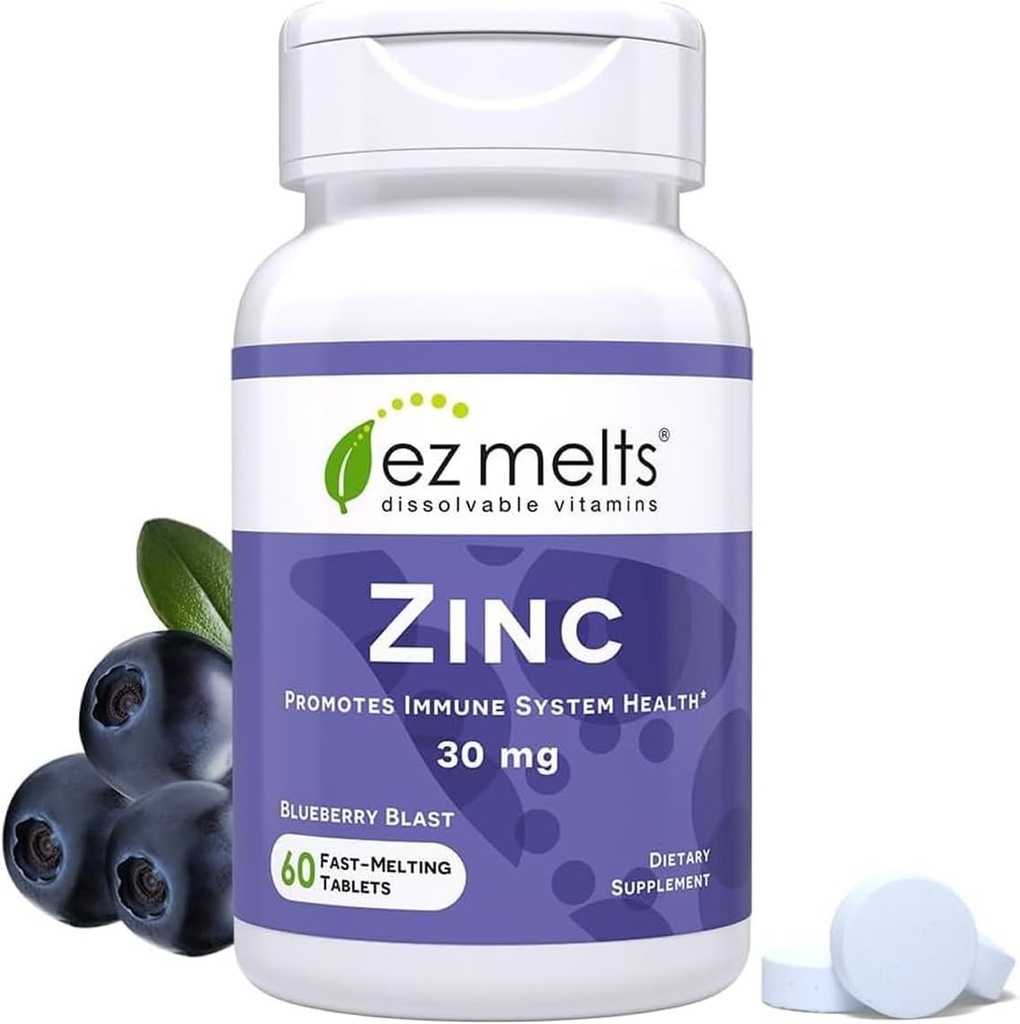 EZ Melts Supplément de zinc dissolvable 30 mg, sans sucre, 2 mois d'approvisionnement - 1 paquet