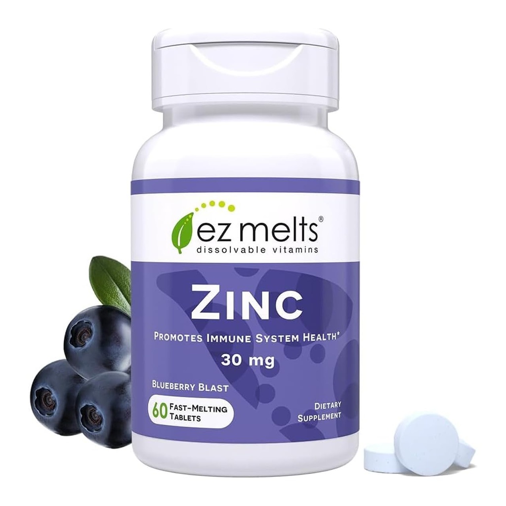 EZ Melts Zinc - Supplément pour le soutien immunitaire, digestif et de la santé de la peau - Non-OGM, végétalien et sans gluten - Blueberry Blast - 60 comprimés dissolvables (60 portions)