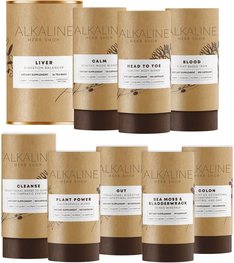 Alkaline Herb Shop The Body Essentials Bundle - Sea Moss & Bladderwrack, Chlorophylle, Iron, Happy Healthy Body, Happy Colon, Happy Lymph, Gut, Happy Liver Tea et Happy Mood