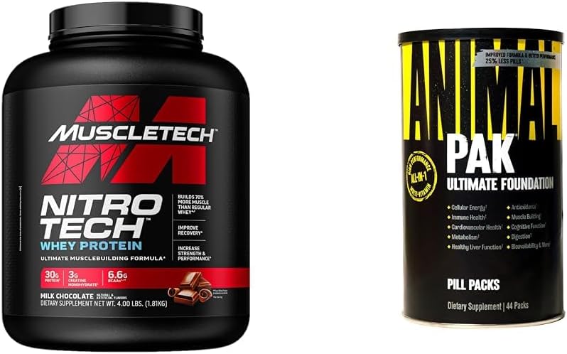Muscletech Whey Protein Powder Nitro-Tech Whey Protein Isolate & Peptides & Animal Pak - Pack de vitamines et suppléments tout-en-un pratique