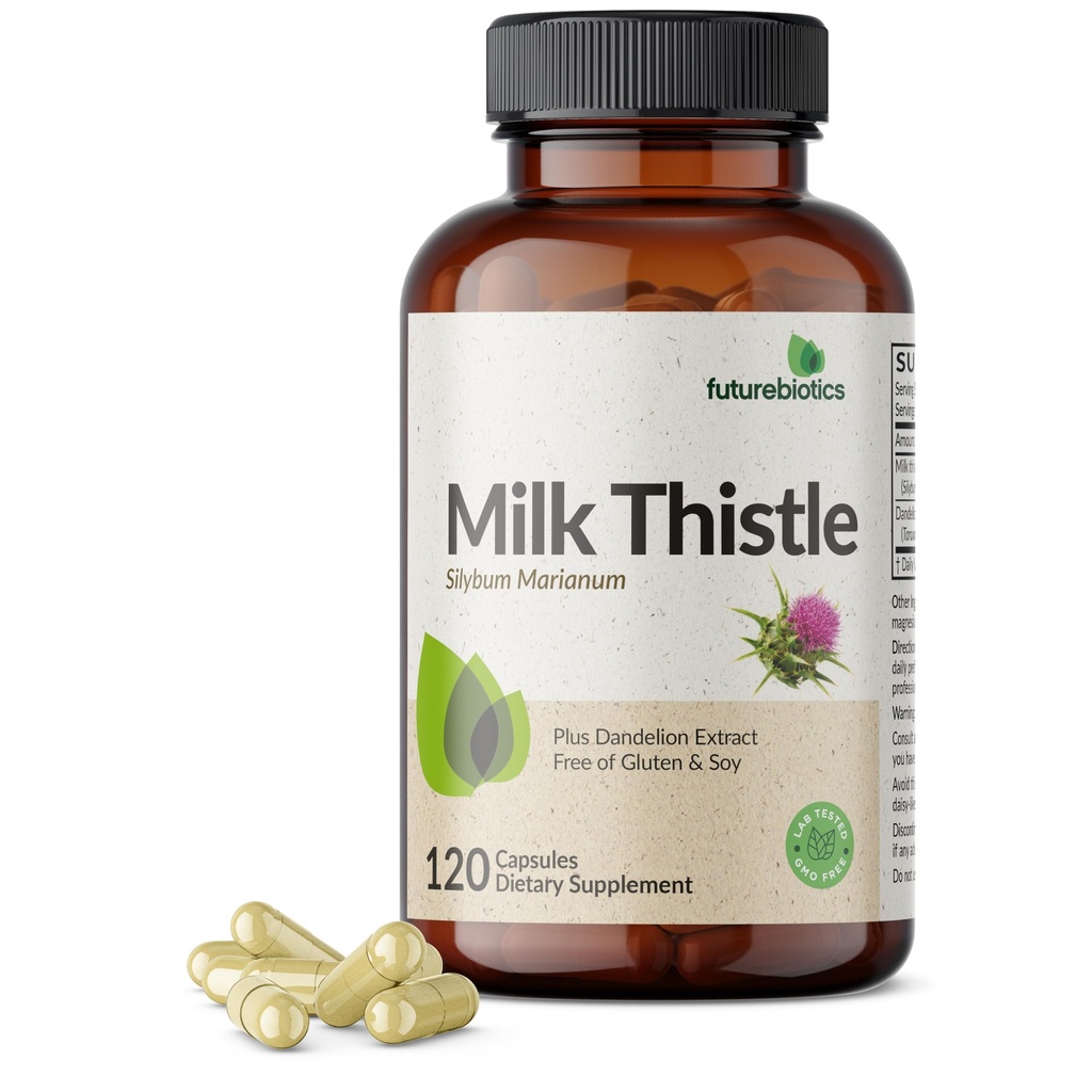 Futuresbiotiques Thistle de lait Silymarin Marianum & Dandelion Extrait de foie Soutien de santé, Antioxydant Soutien, Détox, 120 Capsules