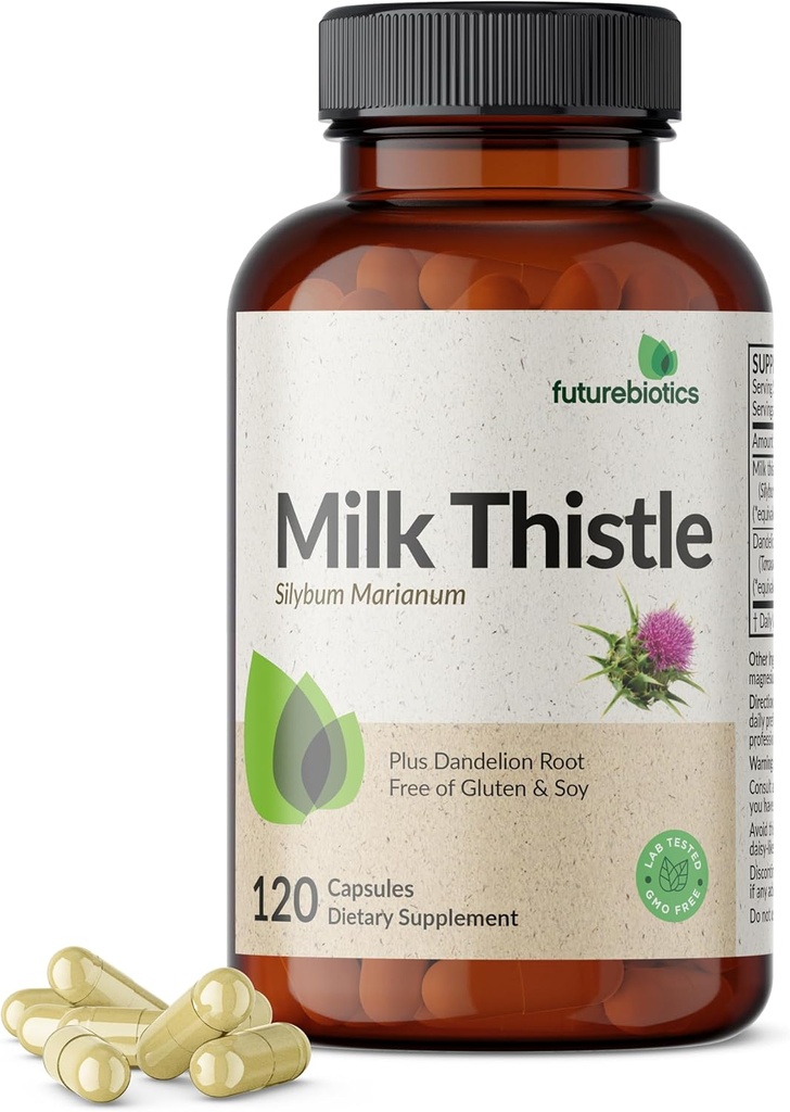 Futuresbiotiques Thistle de lait Silymarin Marianum & Dandelion Racine Foie Soutien de la santé, Antioxydant Soutien, Détox, 120 Capsules