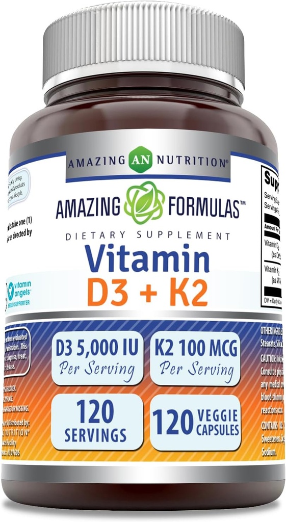 Amazing Formulas Vitamin D3 5000 IU with Vitamin K2 100 Mcg | 120 Veggie Capsules Supplement | Non-GMO | Gluten Free | Made in USA