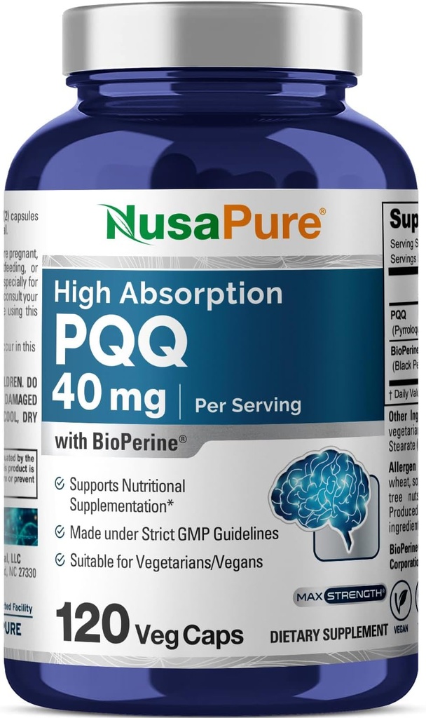 NusaPure PQQ Supplément 40 mg, 120 Capsules de Veggie, Non-OGM, Pyrroloquinoline Quinone Sel disodique, Biopérine