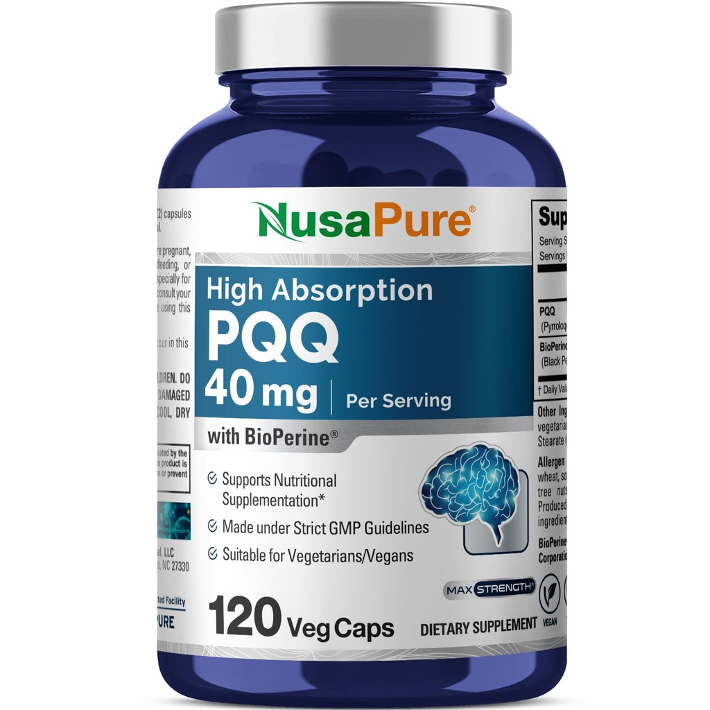 NusaPure PQQ Supplément 40 mg, 120 Capsules de Veggie, Non-OGM, Pyrroloquinoline Quinone Sel disodique, Biopérine