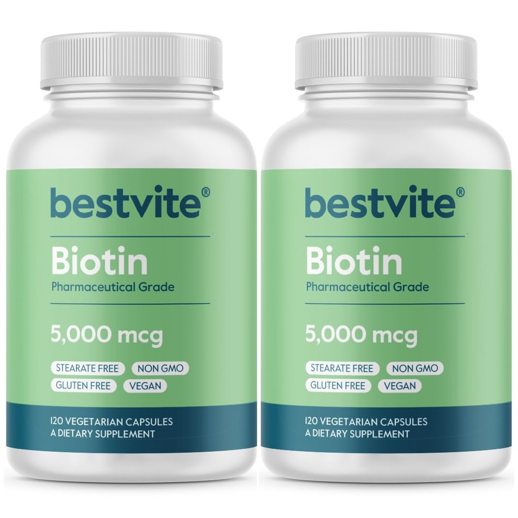 BESTVITE Biotin 5000mcg (240 capsules végétariennes) (120 x 2) - Pas de stéarates - Pas d'agents de débit - Vegan - Non OGM - Sans gluten - Cheveux, peau, ongles