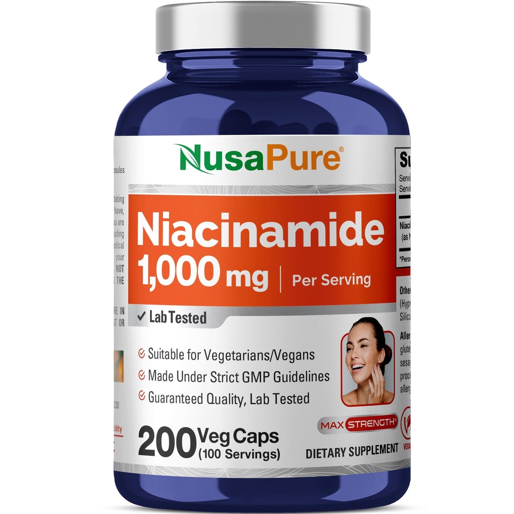 NusaPure Niacinamide 1000mg 200 Capsules de légumes (non-OGM, végane) Sans flush