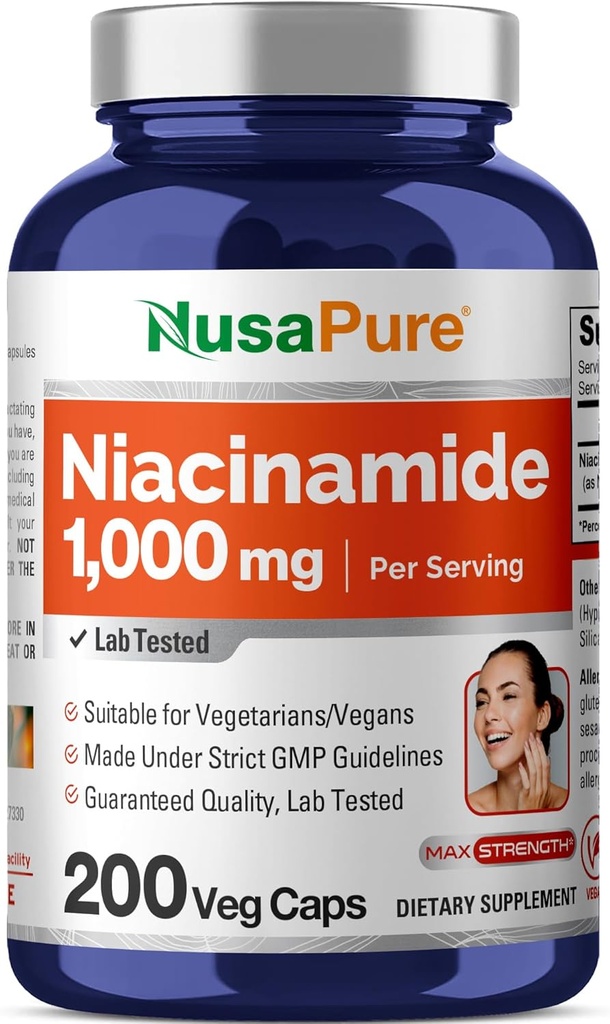 NusaPure Niacinamide 1000mg 200 Capsules de légumes (non-OGM, végane) Sans flush