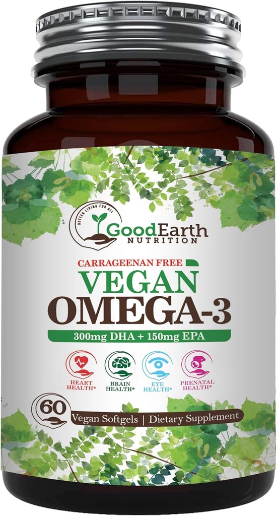 Vegan Omega 3 - Carrageenan sans plante à base d'algue DHA/EPA- 60 Veggie Softgels - soutient la santé cérébrale, cardiaque et prénatale - suppléments essentiels acides gras