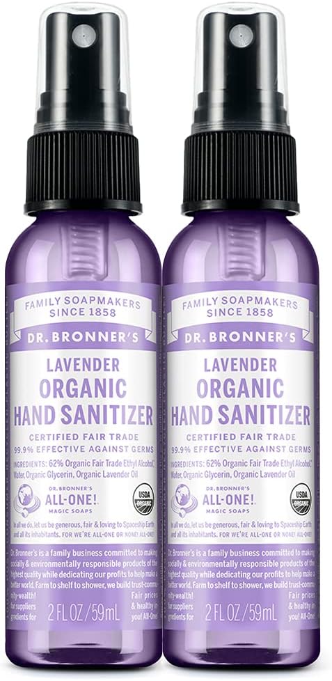 Dr Bronner's - Spray d'assainissement des mains biologique (Lavande, 2 Once, 2-Pack) - Formule simple et efficace, nettoie et sanitise, sans produits chimiques dangereux, hydrate et nettoie les mains