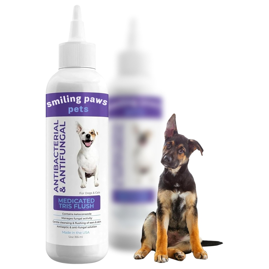 Smileing Paws Animaux de compagnie Tris médicamenté Flush Dog Ear Cleaner Solution et traitement d'infection pour chiens et chats Ear Flush pour chiens Ear Cleaner pour chiens et chats - Cat & Dog Ear Wash contient Ketoconazole 12oz