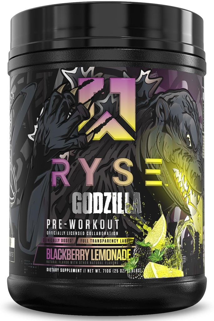 RYSE Godzilla X Noel Deyzel Pre Workout Poudre - BlackBerry Lemonade - 400mg Caféine, pré-entraînement pour hommes et femmes avec Citrulline & Beta Alanine - Énergie, Pompe et Focus - 20/40 Servants