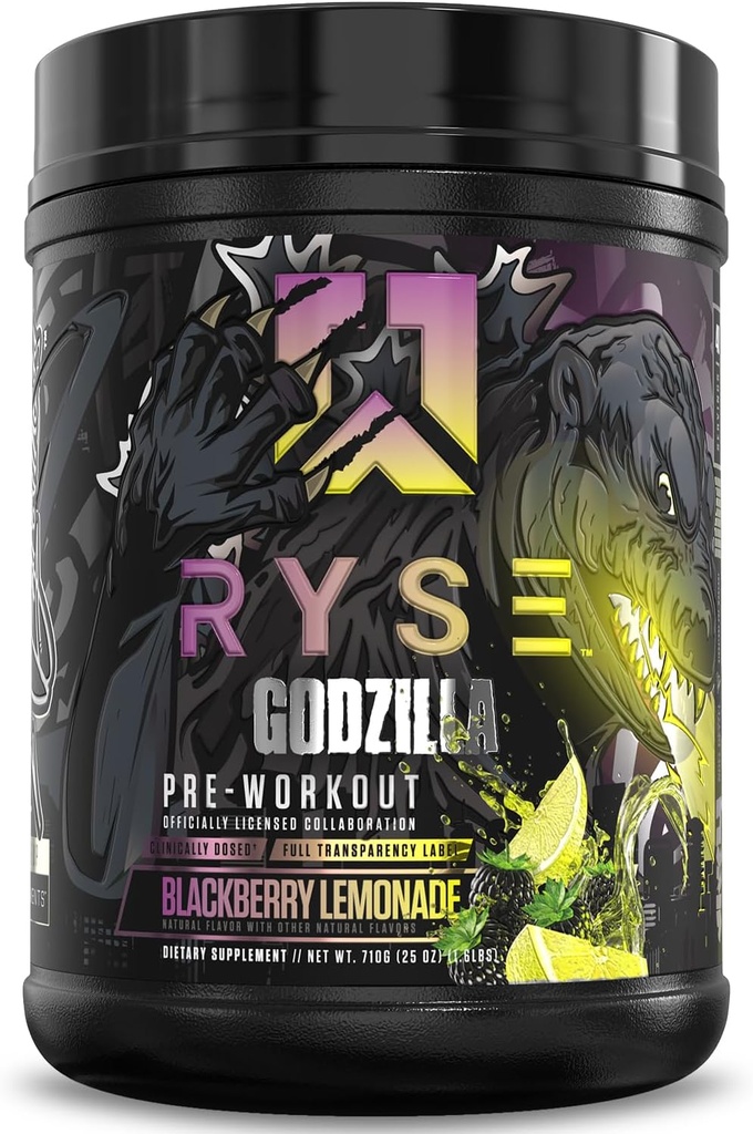 RYSE Godzilla X Noel Deyzel Pre Workout Poudre - BlackBerry Lemonade - 400mg Caféine, pré-entraînement pour hommes et femmes avec Citrulline & Beta Alanine - Énergie, Pompe et Focus - 20/40 Servants