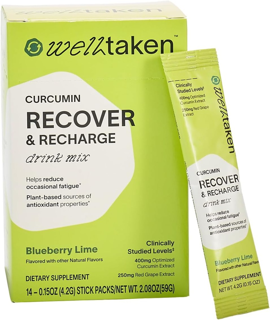 Turmeric Curcumin Recover Poudre - Blueberry Lime, 14ct Box - 400mg Curcumine optimisé, grenade, raisin rouge - aide à réduire la fatigue occasionnelle – végétalien, 14 portions