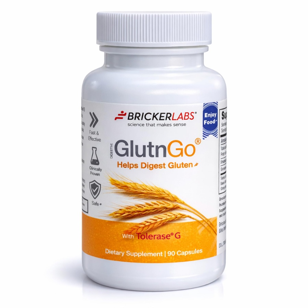 Bricker Labs GlutnGo avec Tolérase G 100mg Supplément de digestion pour l'intolérance au gluten, cliniquement prouvé pour aider à digérer Gluten, rapide, efficace et sûr aide digestive, 90 Capsules