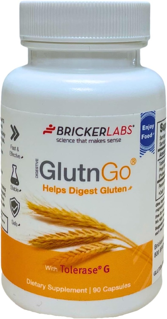 Bricker Labs GlutnGo avec Tolérase G 100mg Supplément de digestion pour l'intolérance au gluten, cliniquement prouvé pour aider à digérer Gluten, rapide, efficace et sûr aide digestive, 90 Capsules