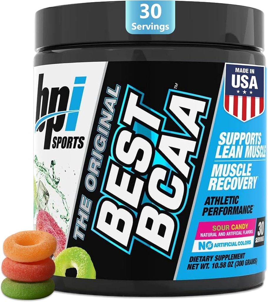 BPI Sports Best BCAA - BCAA Poudre - Acides aminés à chaîne ramifiée - Récupération musculaire - Synthèse des protéines musculaires - Lean Muscle - Amélioration de la performance – Hydratation – Sour Candy - 35 portions - 12,34 oz.