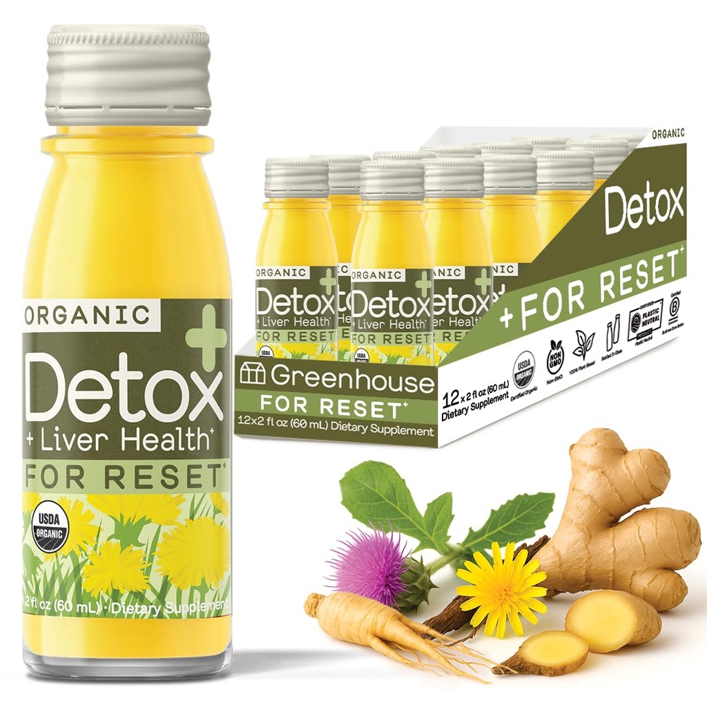 Detox de jus de serre Wellness Shots Organic Immunity Shots Juice Foie Santé Bien-être + Anti-inflammatoire avec Ginseng, Thistle de lait et Dandelion Vegan & sans gluten (2 Oz, pack de 12)