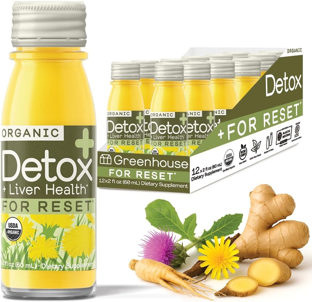 Detox de jus de serre Wellness Shots Organic Immunity Shots Juice Foie Santé Bien-être + Anti-inflammatoire avec Ginseng, Thistle de lait et Dandelion Vegan & sans gluten (2 Oz, pack de 12)