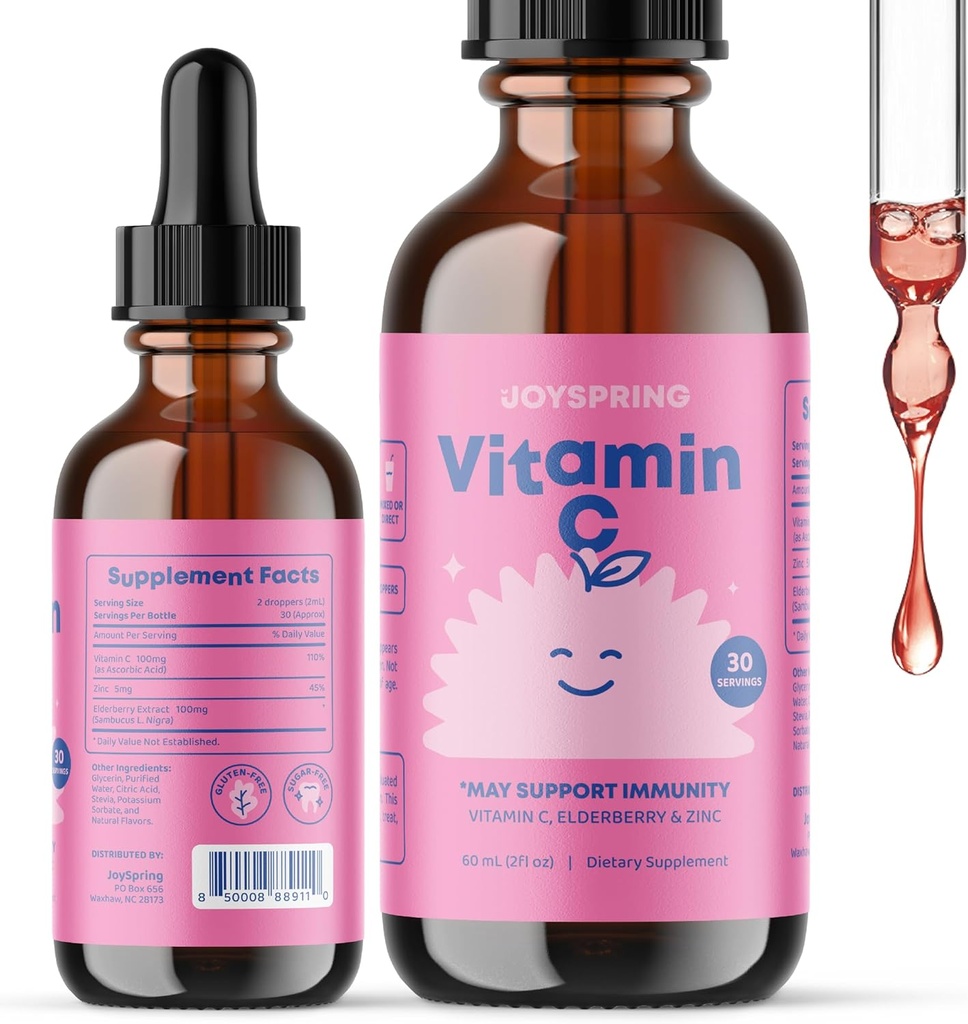 JoySpring Vitamine C + gouttes de mûrier + Zinc pour enfants Immune Support, gouttes de génie pour focus et vitamine D pour enfants