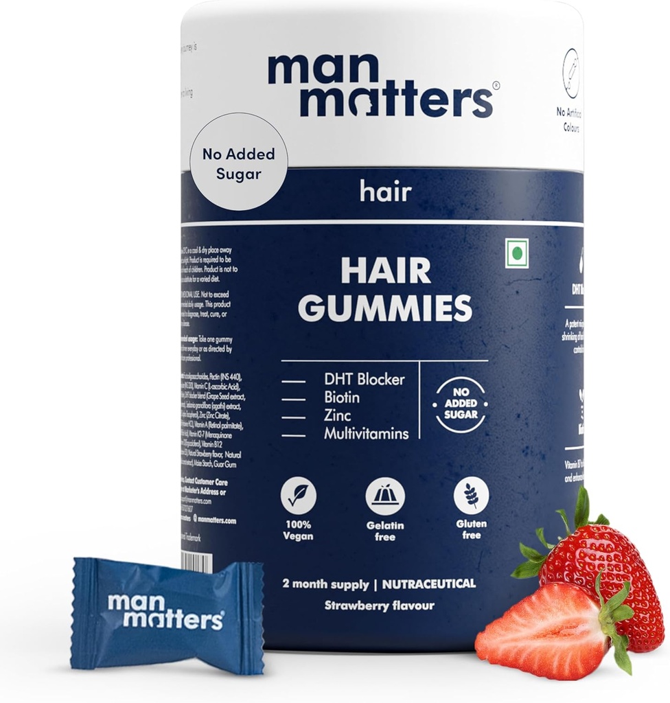Man Matters Biotin Hair Gummy for Healthy Hair | No Sugar Added | Biotin Gummies with Hair Vitamins | Vitamin A, Vitamin C, Vitamin E & Zinc | 60 Gummies