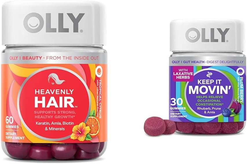 Gommies de cheveux OLLY avec kératine et biotine et Gommies de secours de Constipation avec Rhubarb et Prunes - 60 + 30 Comte