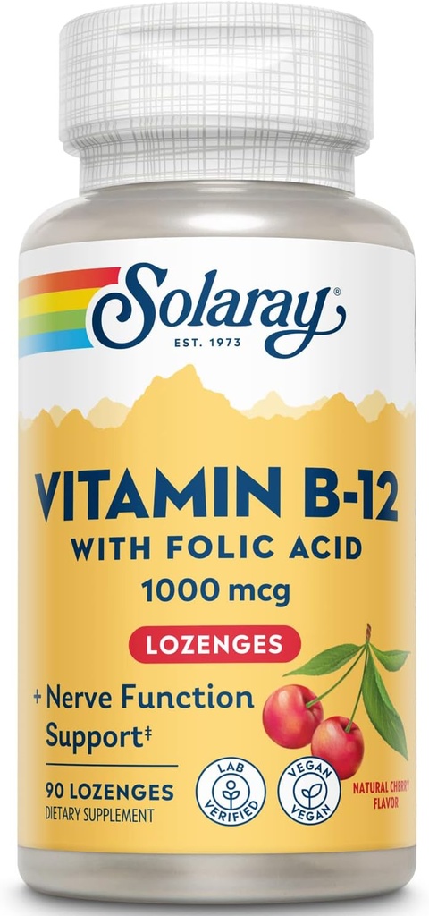 SOLARAY Vitamin B-12 1000mcg Lozenges with Folic Acid | Natural Cherry Flavor | Healthy Energy Support | 90CT