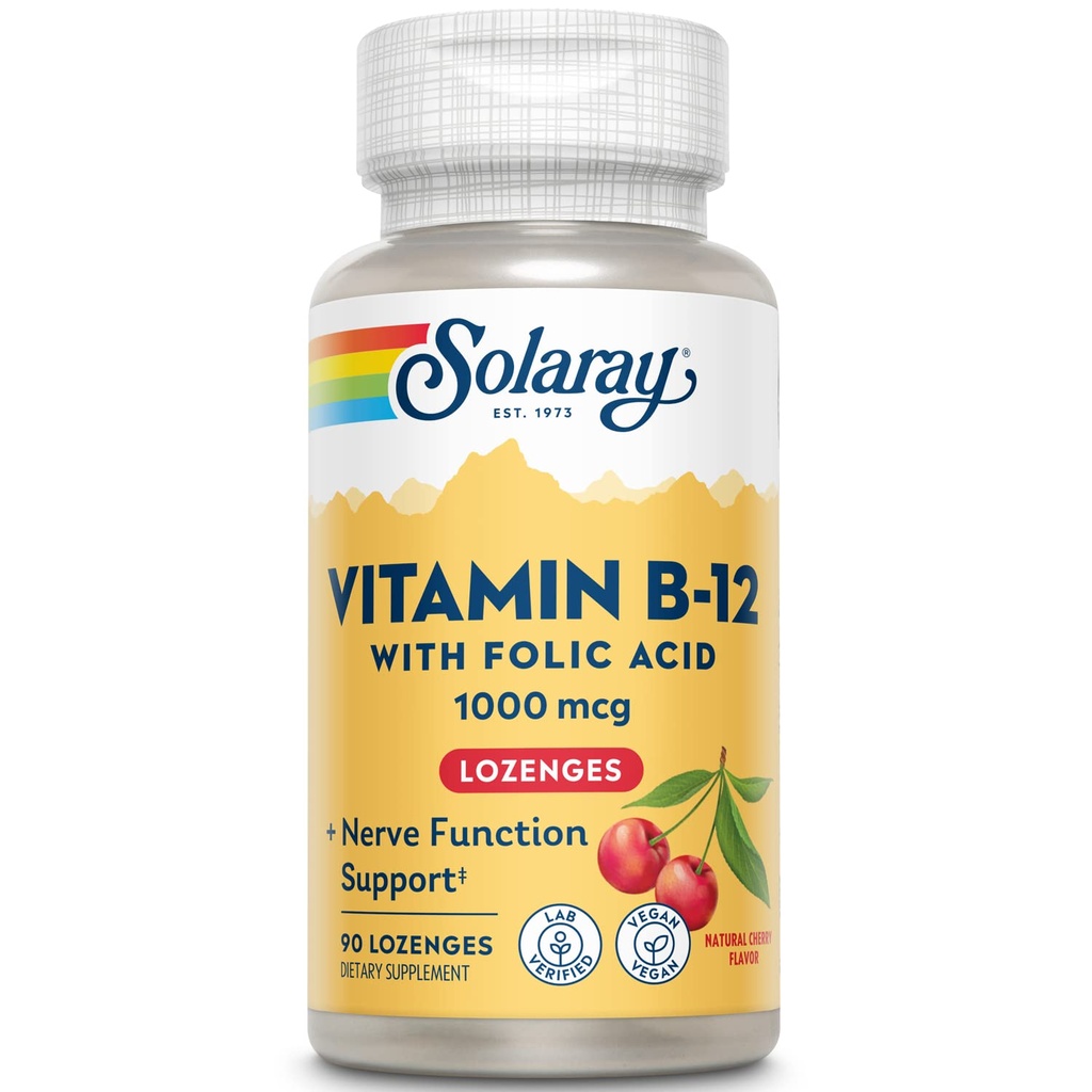 SOLARAY Vitamine B-12 1000mcg Lozenges avec acide folique , Saveur de cerise naturelle , Soutien énergétique sain , 90CT