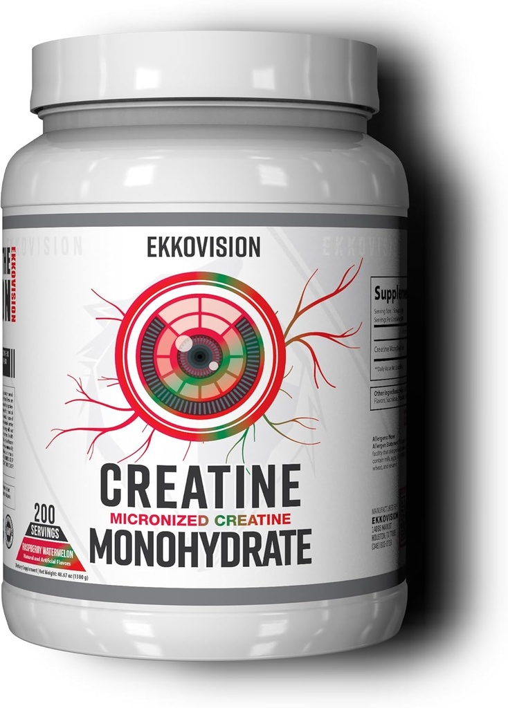 Ekkovision Poudre monohydratée de créatine, micronisée, pastèque framboise, supplément avant et après l'entraînement pour les hommes et les femmes, soutien énergétique, facile à mélanger dans les secousses, smoothies et boissons, 200 portions
