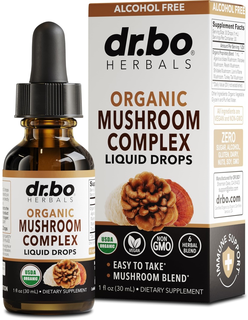 Complexe de champignons bio Lions Mane - Supplément de champignons gouttes liquides Teinture pour Focus, Fog, Suppléments de santé du cerveau - Végétalien, Herbal Bio Lion's Mane Champignons, Reishi, Turquie Extrait de queue 1oz